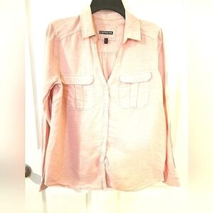 Express Button Down Top Linen and Cotton Blend
